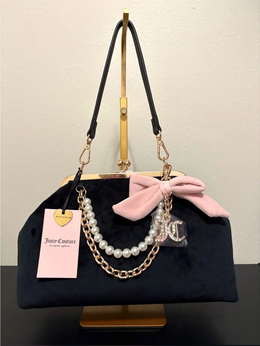 Juicy Couture Black Velvet Kiss-Lock Satchel with Pink Bow & Pearl Chain